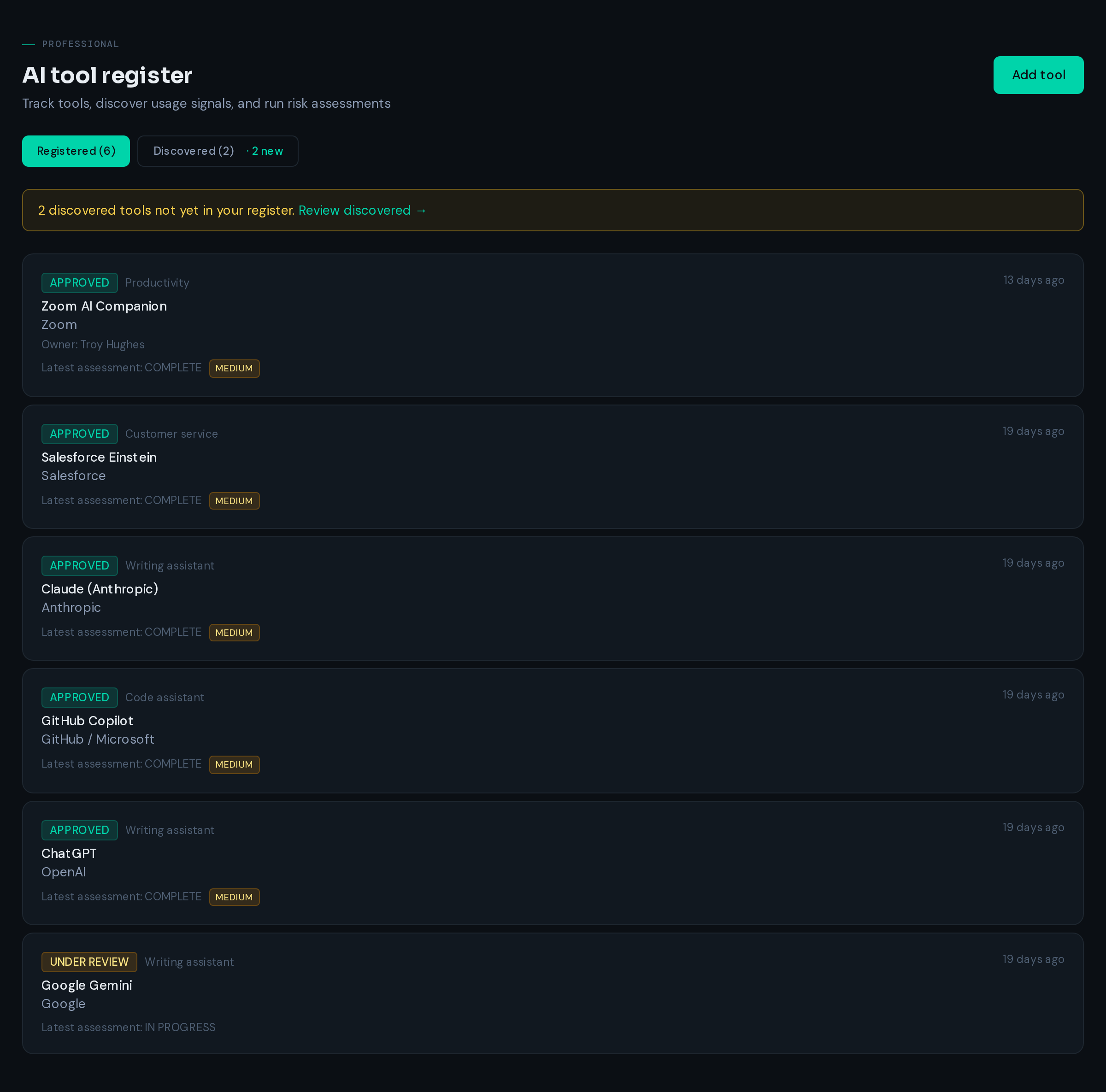 InfoDefenders AI tool register showing approved tools, risk levels, and assessment status