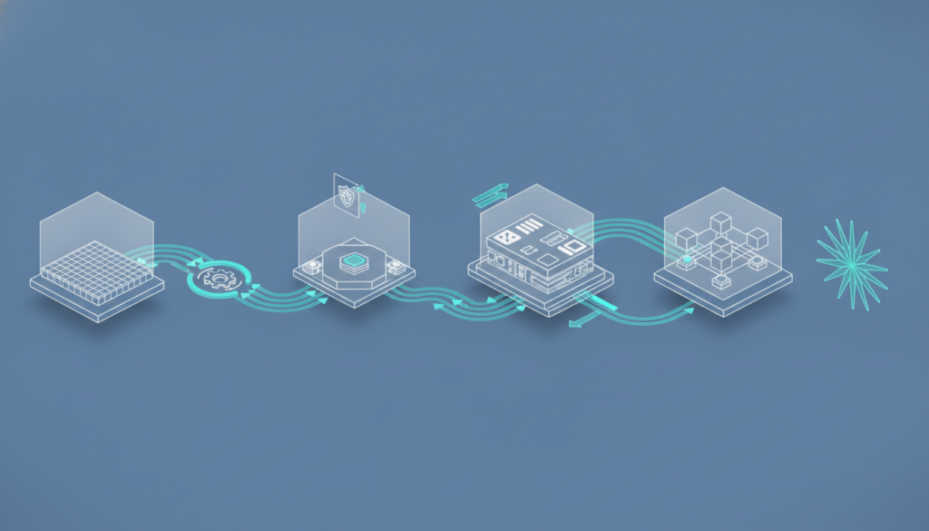 AI governance four-phase framework shown as interconnected technical workflow layers and progression steps