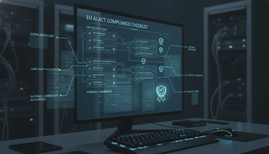 EU AI Act compliance checklist with governance frameworks mapped as interconnected regulatory control points