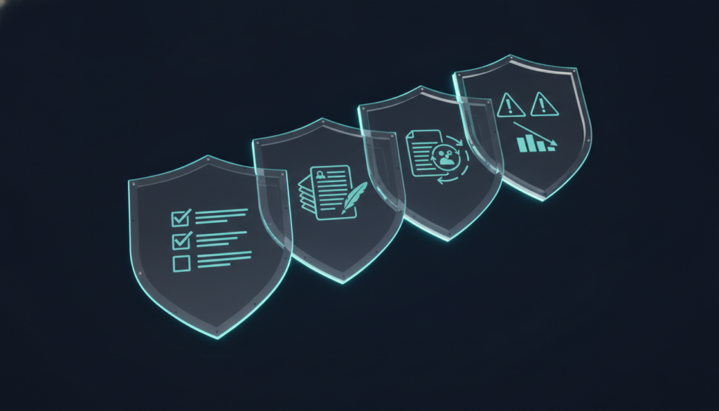 AI tool risk assessment framework shown as layered security shields with evaluation criteria