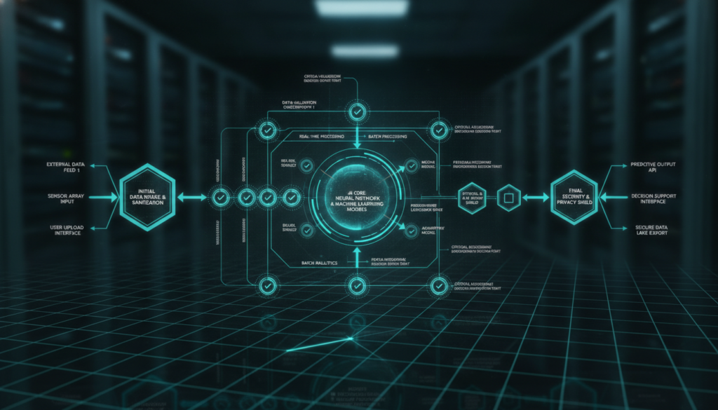 AI tool risk assessment data flow diagram with security checkpoints and governance decision nodes