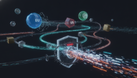 AI governance frameworks shown as misaligned regulatory pathways moving at uneven speeds, symbolizing global policy lag