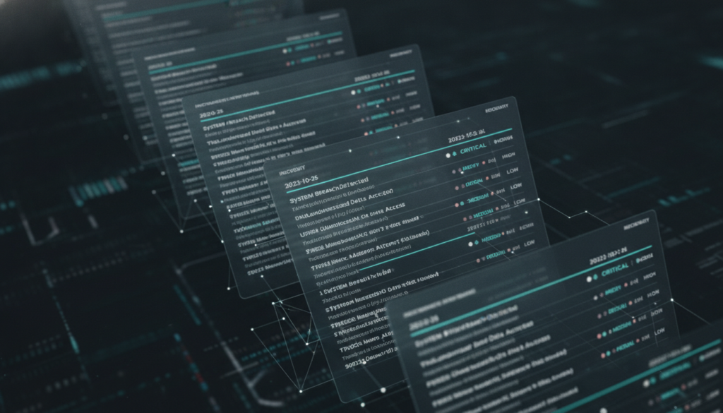 AI incident log records layered as timestamped evidence, establishing factual governance foundation