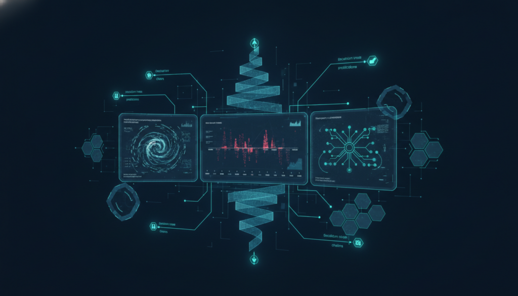AI incident response dashboard showing concurrent monitoring, breach timelines, and escalation workflows branching in real ti