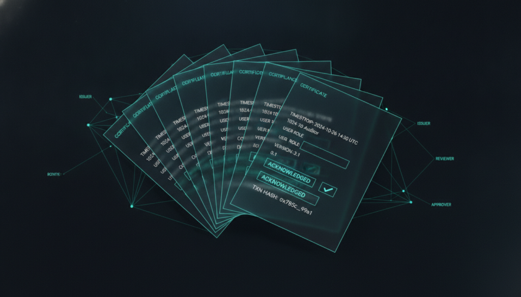 AI policy acknowledgment records stacked with visible timestamps, roles, and verification metadata showing audit trail