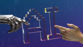 Robotic hand and human hand reaching toward a glowing AI hologram, symbolizing NIST AI RMF adoption for small businesses