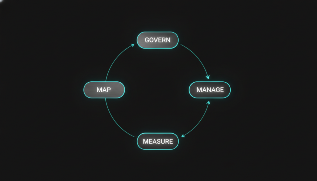 NIST AI RMF four functions framework shown as interconnected governance nodes and data flows
