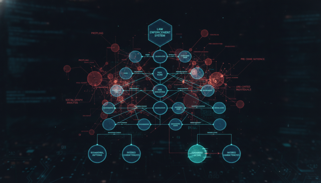 AI governance failure shown through surveillance decision tree with hidden algorithmic layers revealing expanded capabilities
