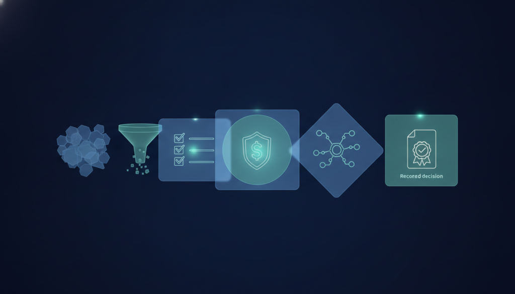 Shadow AI tool intake process visualized through layered governance checkpoints and evaluation stages