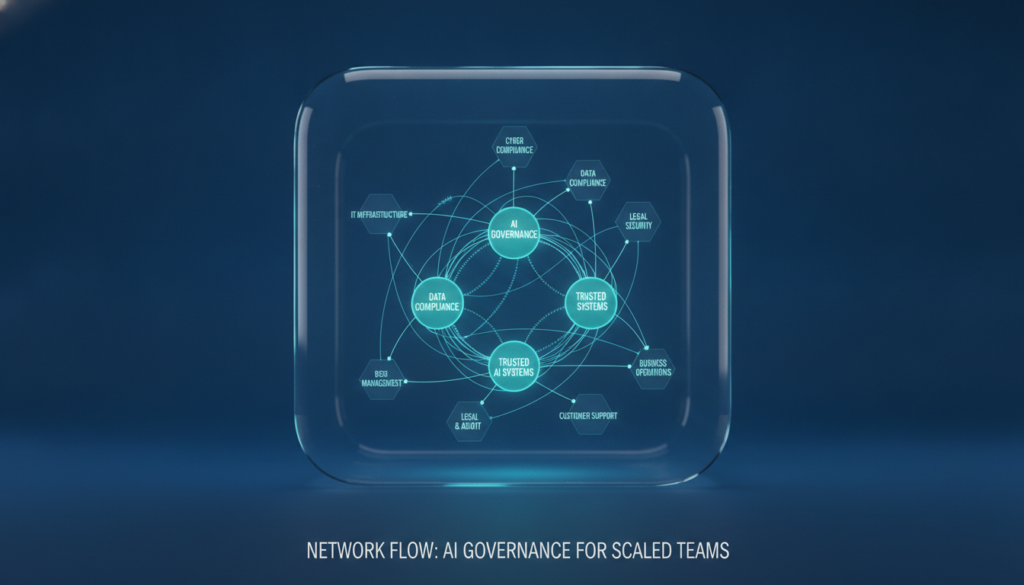 AI governance control nodes connecting mid-market team systems and compliance checkpoints