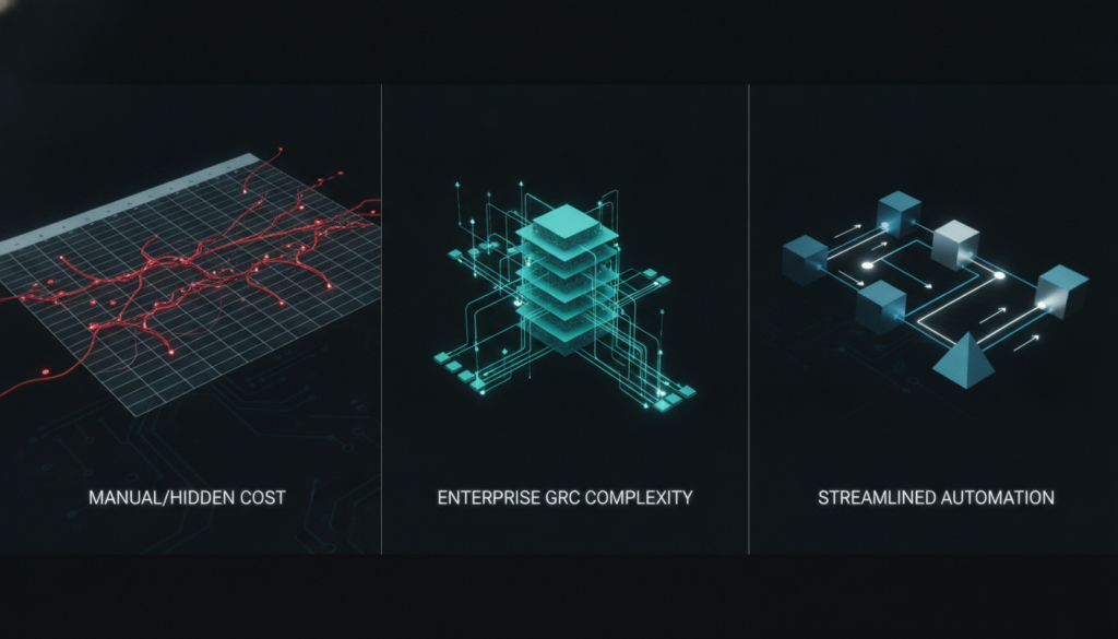 AI governance cost comparison showing spreadsheet complexity, enterprise systems, and purpose-built tools side by side