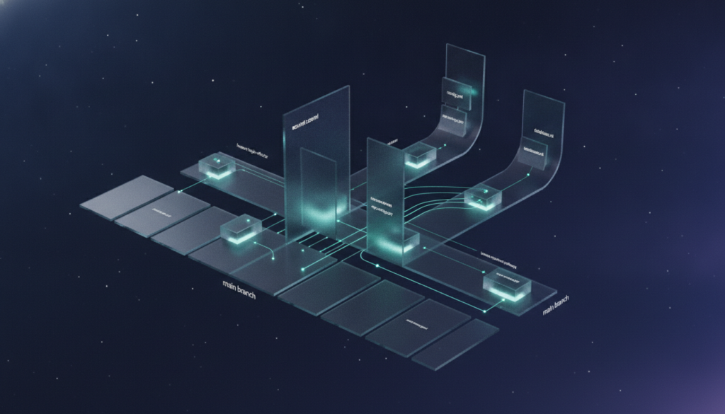 AI governance vulnerability illustrated through nested repository layers and hidden command pathways in code infrastructure